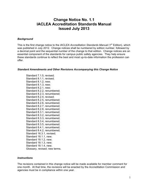 Change Notice No. 1.1 IACLEA Accreditation Standards Manual ...