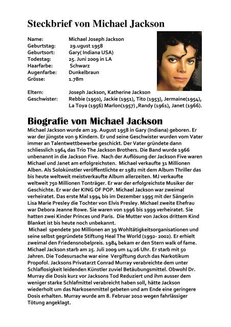 Steckbrief von Michael Jackson Biografie von Michael ... - Part-bern.ch