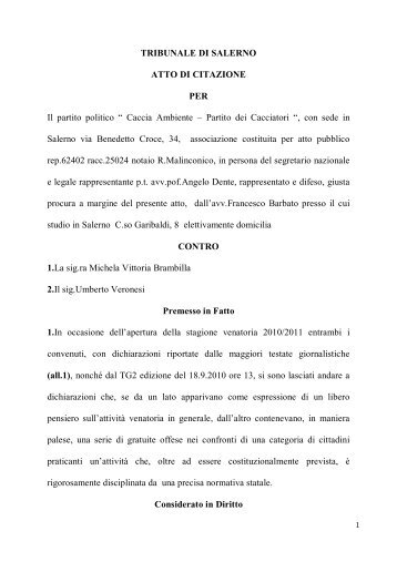 TRIBUNALE DI SALERNO ATTO DI CITAZIONE PER Il ... - Armi e tiro