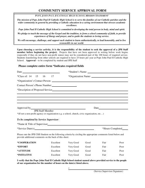 community service approval form - Pope John Paul II Catholic High ...