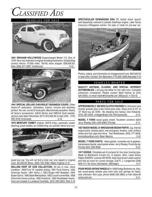 Classified Ads Veteran Motor Car Club Of America