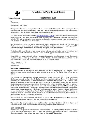 Newsletter to Parents and Carers September 2008 - Trinity School