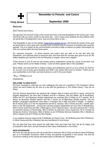 Newsletter to Parents and Carers September 2008 - Trinity School