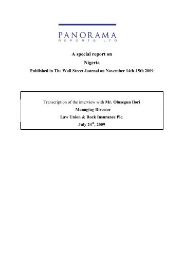 Mr. Olusegun Ilori - Panorama Reports Ltd.