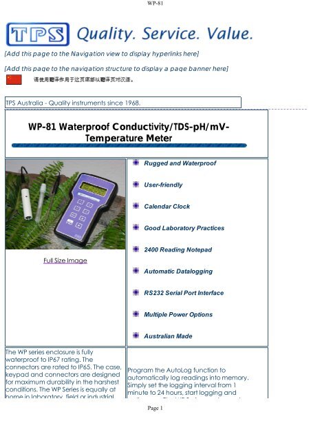 WP-81 Waterproof Conductivity/TDS-pH/mV- Temperature Meter - TPS