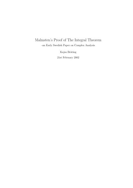 Malmsten's Proof of the Integral Theorem