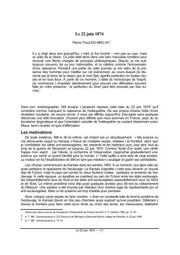 Le 22 juin 1874 - Approche tissulaire de l'ostÃ©opathie