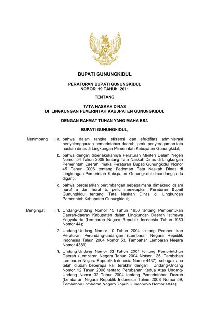 Peraturan Bupati Gunungkidul Nomor 19 Tahun 2011 Tentang Tata ...