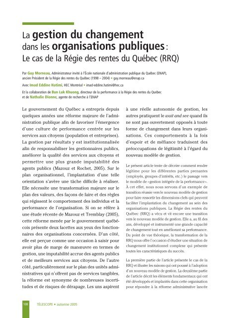 La gestion du changement dans les organisations publiques: