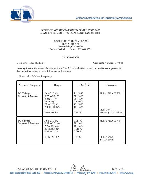 scope of accreditation to iso/iec 17025:2005 & ansi/ncsl z540-1 ...