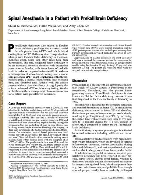 Spinal Anesthesia in a Patient with Prekallikrein Deficiency