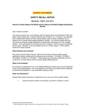 OWNER DOCUMENT SAFETY RECALL NOTICE - Psndealer.com ...