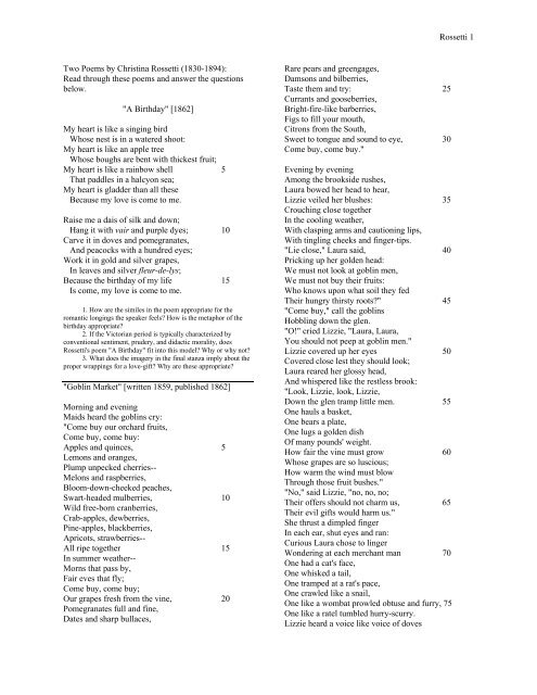 Rossetti 1 Two Poems by Christina Rossetti (1830-1894): Read ...