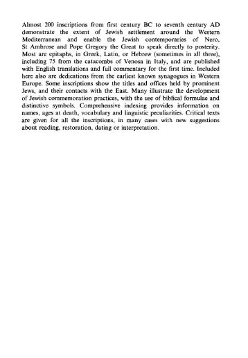 Jewish Inscriptions of Western Europe, Vol. 1: Italy ... - Historia Antigua