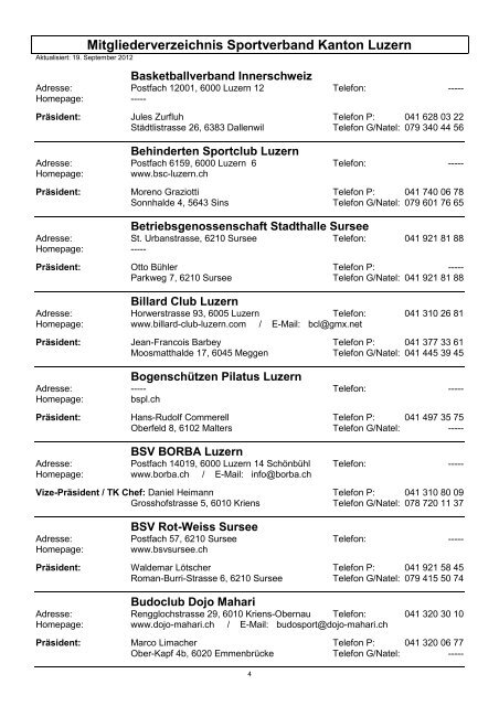 Mitgliederverzeichnis Sportverband Kanton Luzern