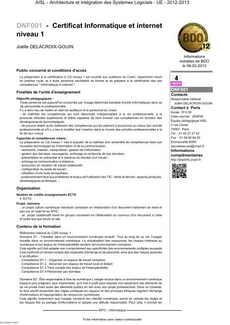 DNF001 - Certificat Informatique et internet niveau 1 - Cnam