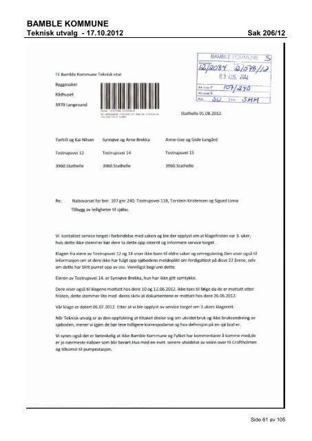 Tillegskart til mÃ¸te i Teknisk utvalg den 17.10.2012 - Bamble kommune