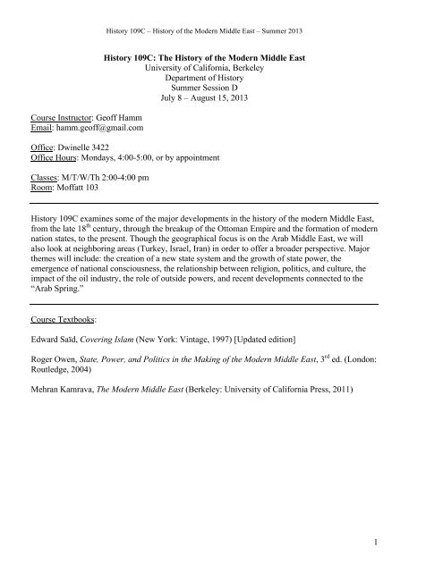 History 109c Middle East Syllabus Pdf Department Of History Uc