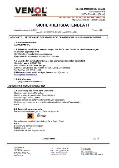 Charakteristikblatt von dem produkt - Venol Motor Oil