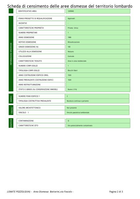 Scheda di censimento delle aree dismesse del territorio lombardo
