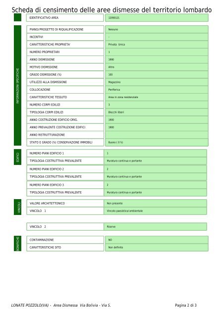 Scheda di censimento delle aree dismesse del territorio lombardo