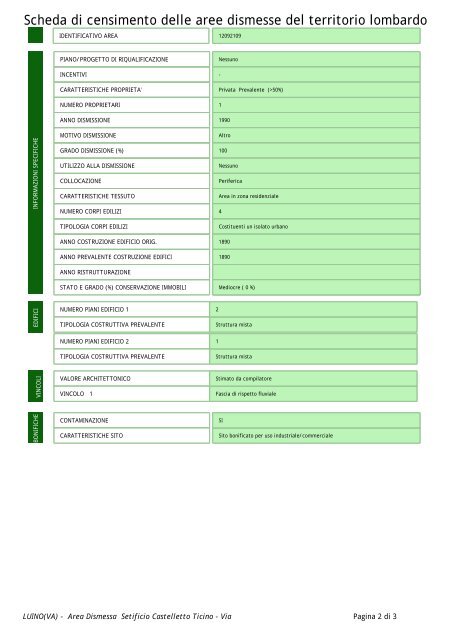 Scheda di censimento delle aree dismesse del territorio lombardo