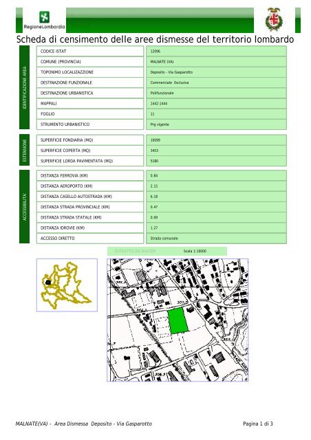 Scheda di censimento delle aree dismesse del territorio lombardo