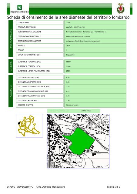 Scheda di censimento delle aree dismesse del territorio lombardo