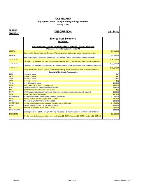 Cleveland Price List - Garland - Canada