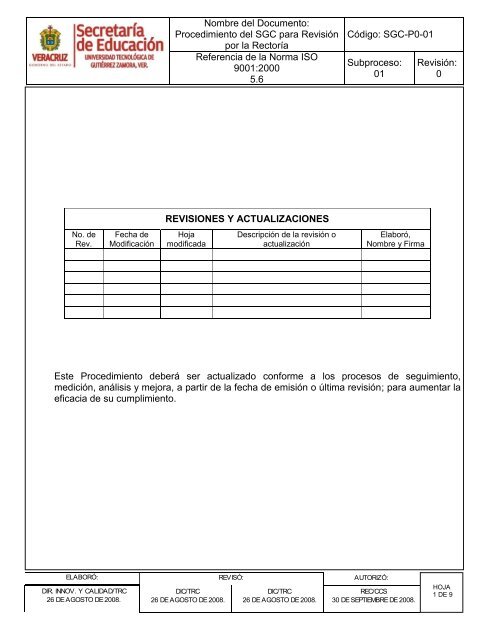 Nombre del Documento: Procedimiento del SGC para RevisiÃ³n por ...