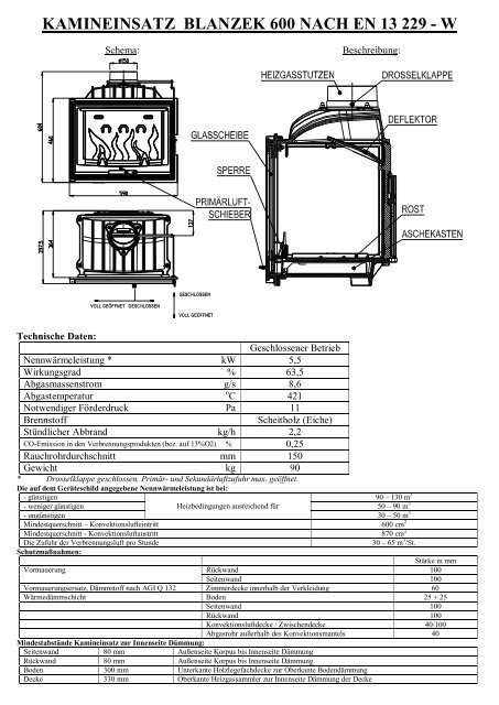 KAMINEINSATZ BLANZEK 600 NACH EN 13 229 - W