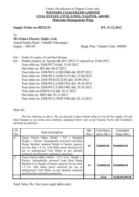 Under Jurisdiction of Nagpur Court only WESTERN COALFIELDS ...