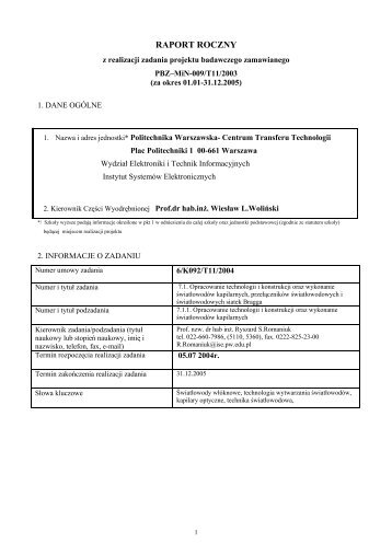 raport roczny - Instytut SystemÃ³w Elektronicznych - Politechnika ...