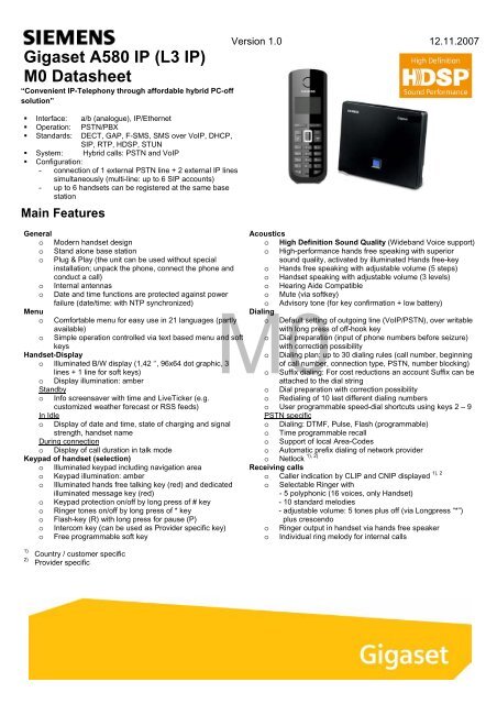 Gigaset A580 IP (L3 IP) M0 Datasheet