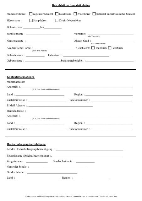 Datenblatt zur Immatrikulation als: