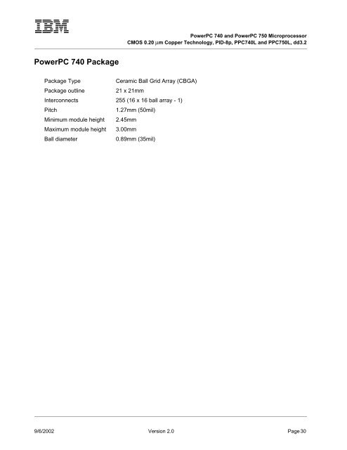 PowerPC 740 and PowerPC 750 Microprocessor Datasheet - IBM