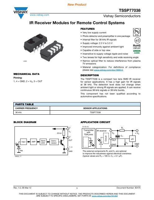 Vishay TSSP77038 IR receiver module datasheet - Pololu Robotics ...
