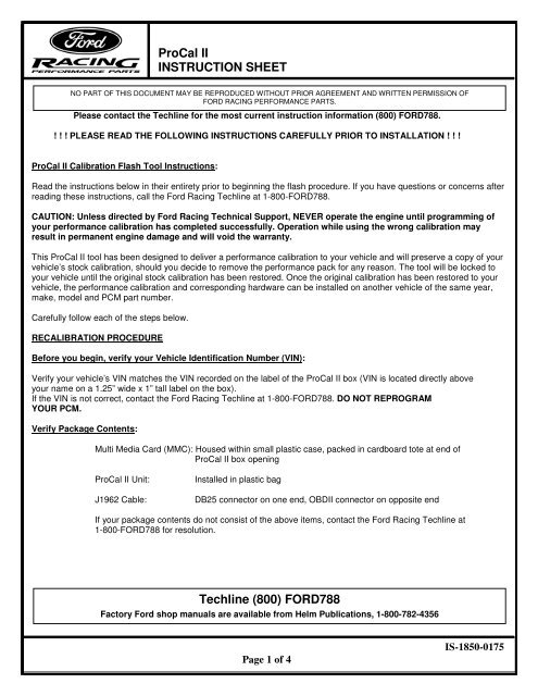 ProCal II INSTRUCTION SHEET Techline (800 ... - Ford Racing Parts