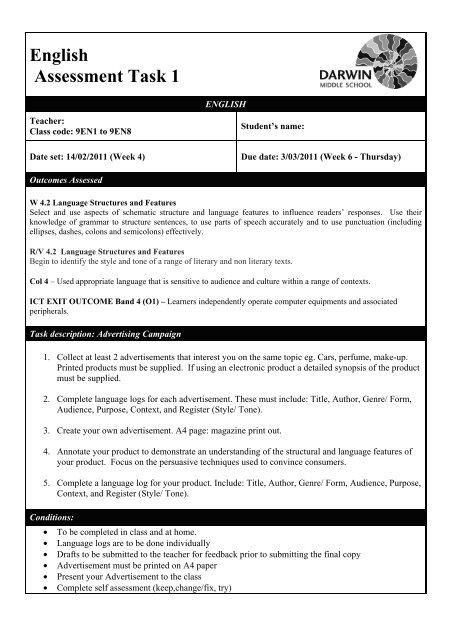 DARWIN MIDDLE SCHOOL Assessment Task Sheet