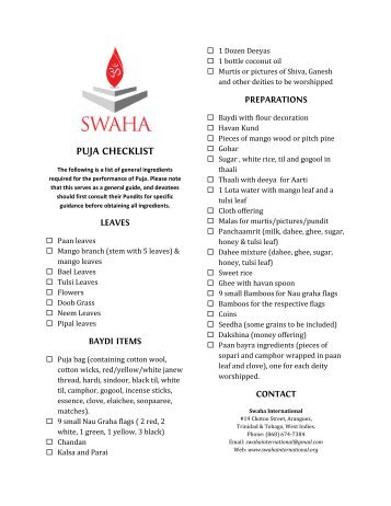 PUJA CHECKLIST - Swaha International