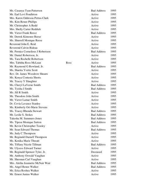 CLASSES IN REUNION 5'S & 0'S Name Maiden Name Status Class ...