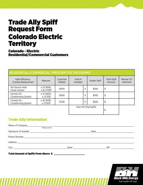 Trade Ally Spiff Request Form Colorado Electric Black Hills Energy