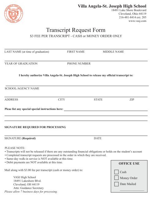 Transcript Request Form - Villa Angela-St. Joseph High School