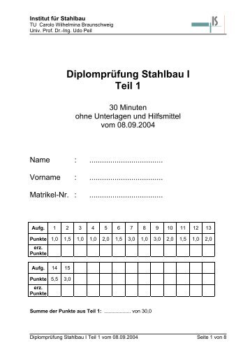 DiplomprÃ¼fung Stahlbau I Teil 1 - Institut fÃ¼r Stahlbau