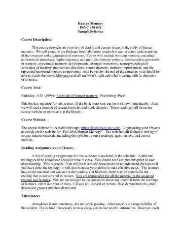 Human Memory PSYC 430 001 Sample Syllabus Course ...