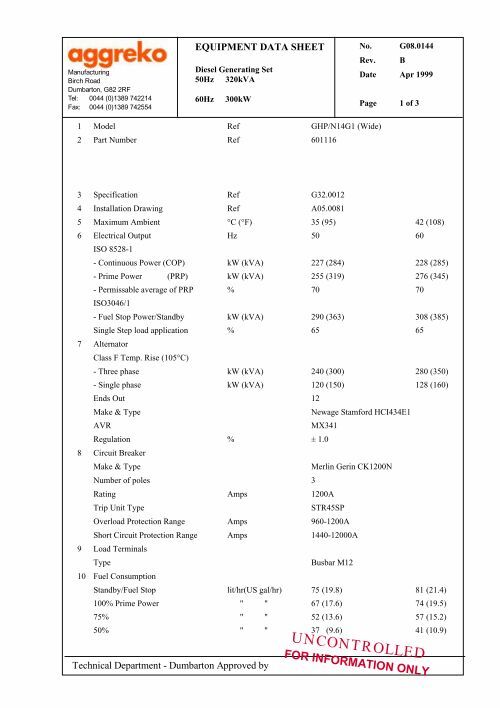 Equipment Data Sheet - Used Generator Power