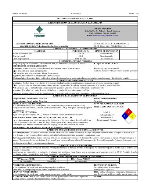 HOJA DE SEGURIDAD: PLASTOL 6000 1. IDENTIFICACIÃN ... - Qsi