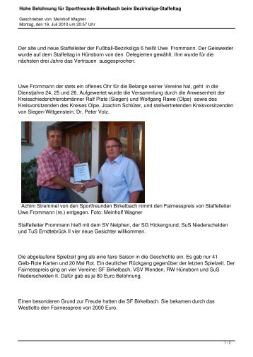 Hohe Belohnung fÃ¼r Sportfreunde Birkelbach beim ... - SF Birkelbach