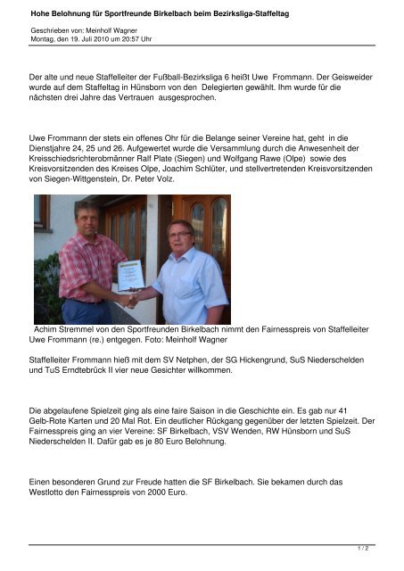 Hohe Belohnung fÃ¼r Sportfreunde Birkelbach beim ... - SF Birkelbach