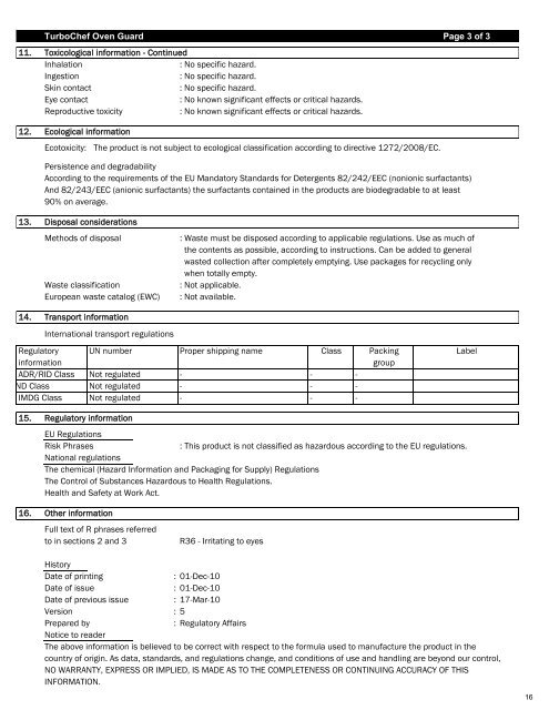 Material Safety Data Sheets - Turbochef